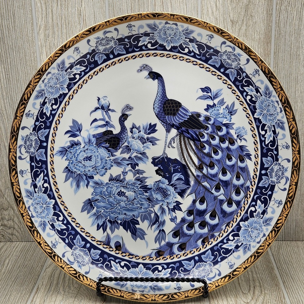Heritage Mint Blue Peacock Peony 14" Decorative Plate Platter Gold Rim Japan
